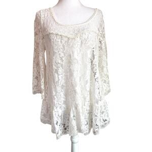 Free People Sheer Lace Top Sz M Bell Sleeve Scoop Neck Romantic Coquette Boho